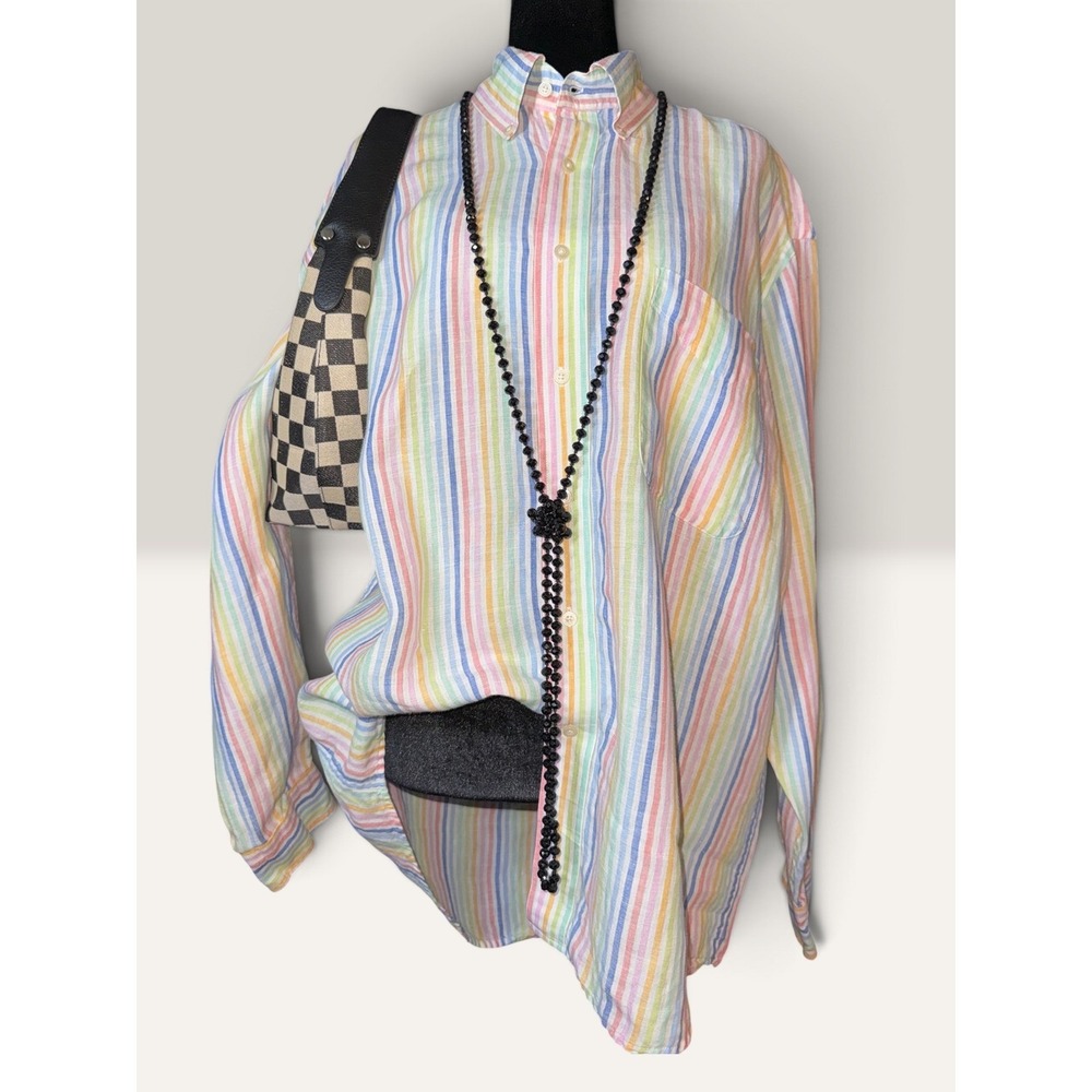 Alan Flusser 100% Linen Multi Color Striped Button Down Shirt Womens Large